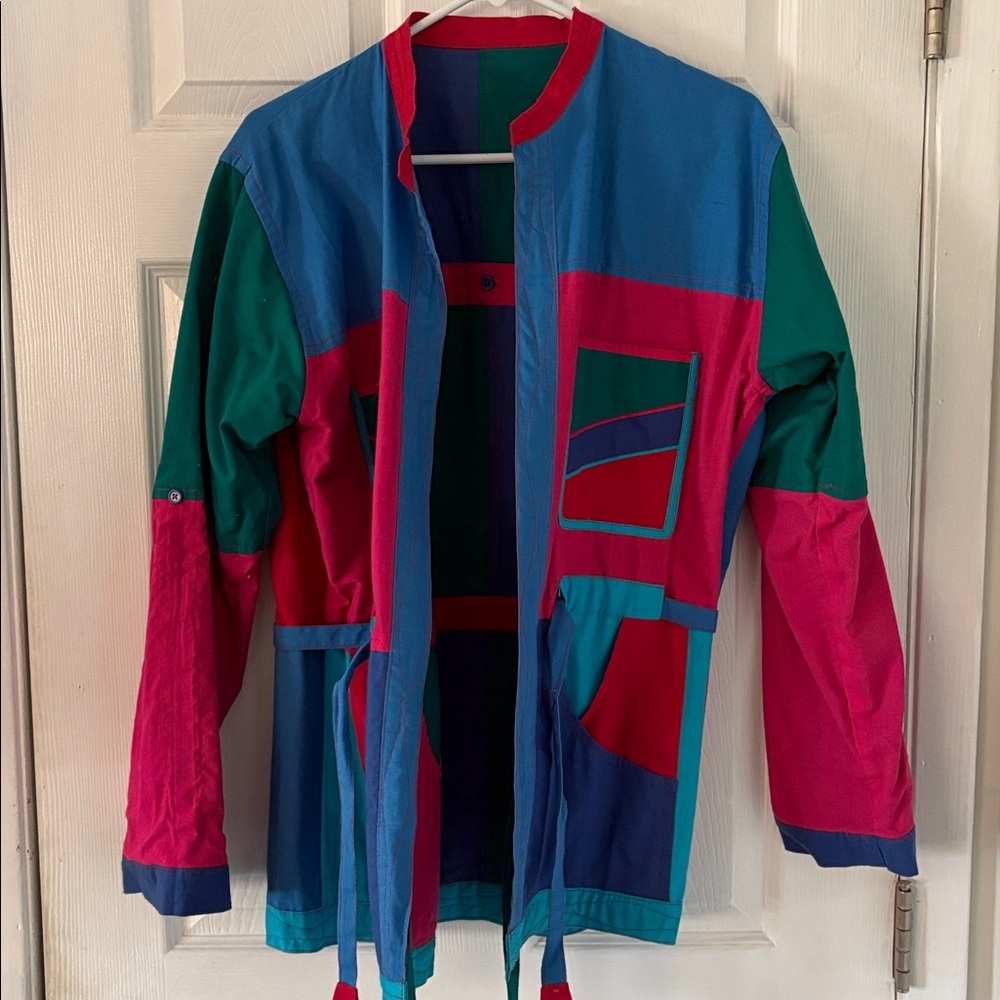 Colorblock Abstract Art Jacket Belted Statement Funky 90s Vintage Style Coat - Picture 6 of 8